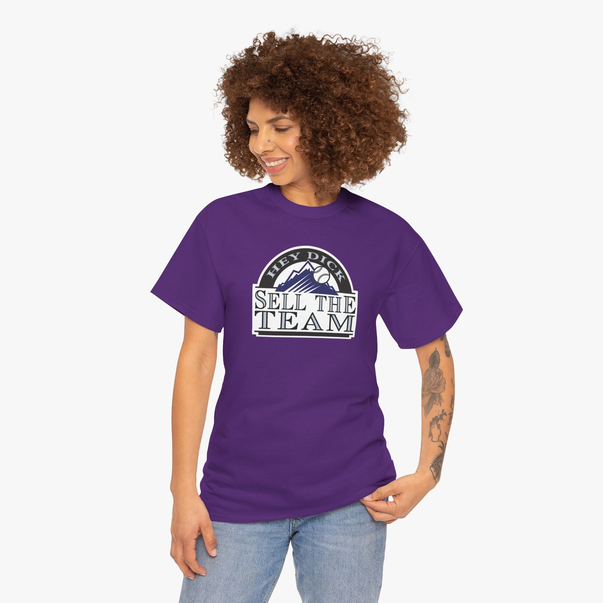 Hey Dick Sell The Team (Colorado Rockies Baseball) T-Shirt in Purple - Shirt on female