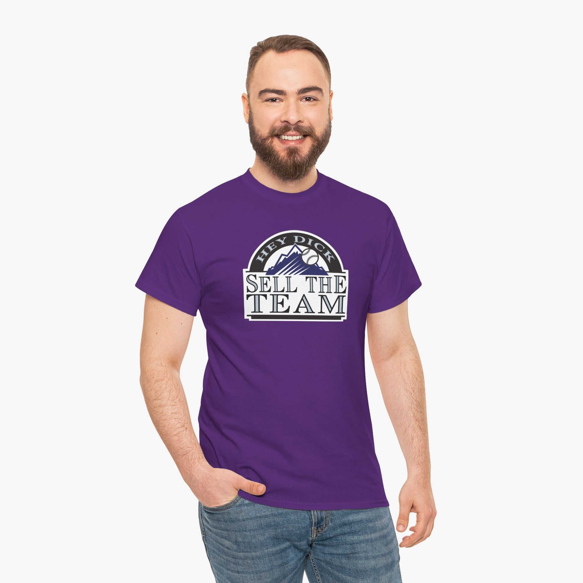 Hey Dick Sell The Team (Colorado Rockies Baseball) T-Shirt in Purple - Shirt on male