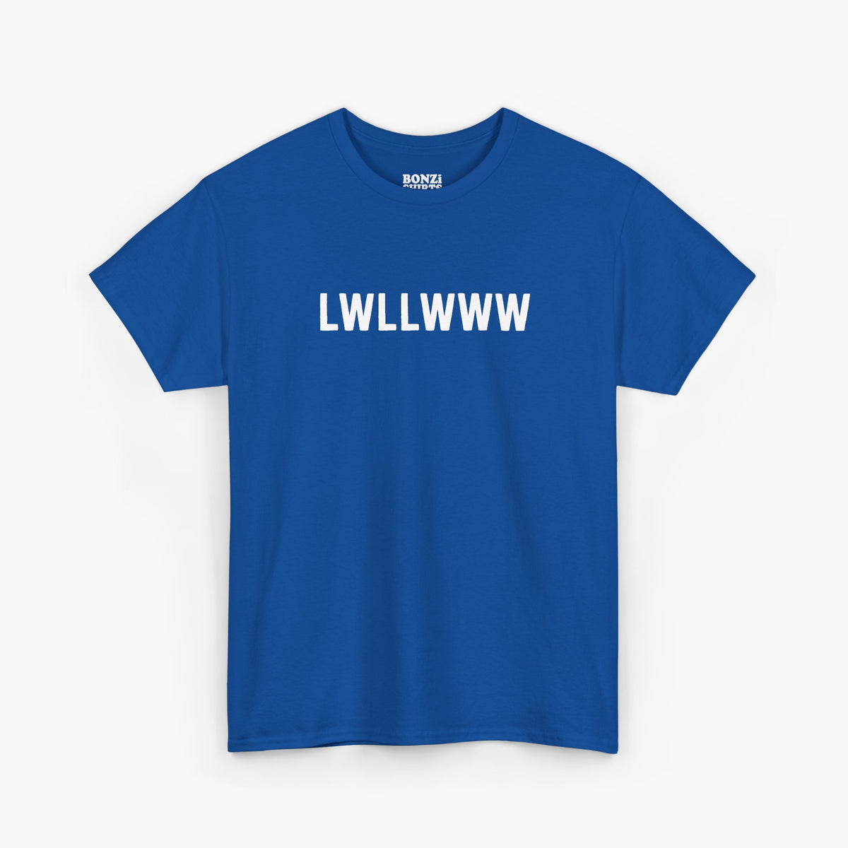 Royal blue unisex t-shirt with LWLLWWW printed across the chest in white block letters