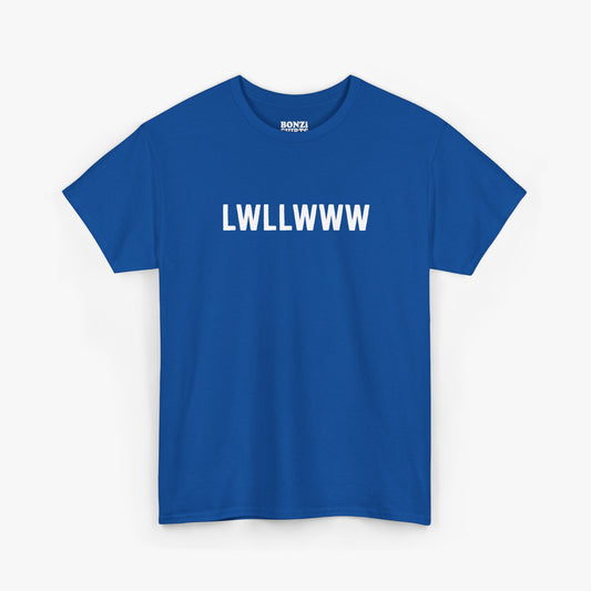 Royal blue unisex t-shirt with LWLLWWW printed across the chest in white block letters