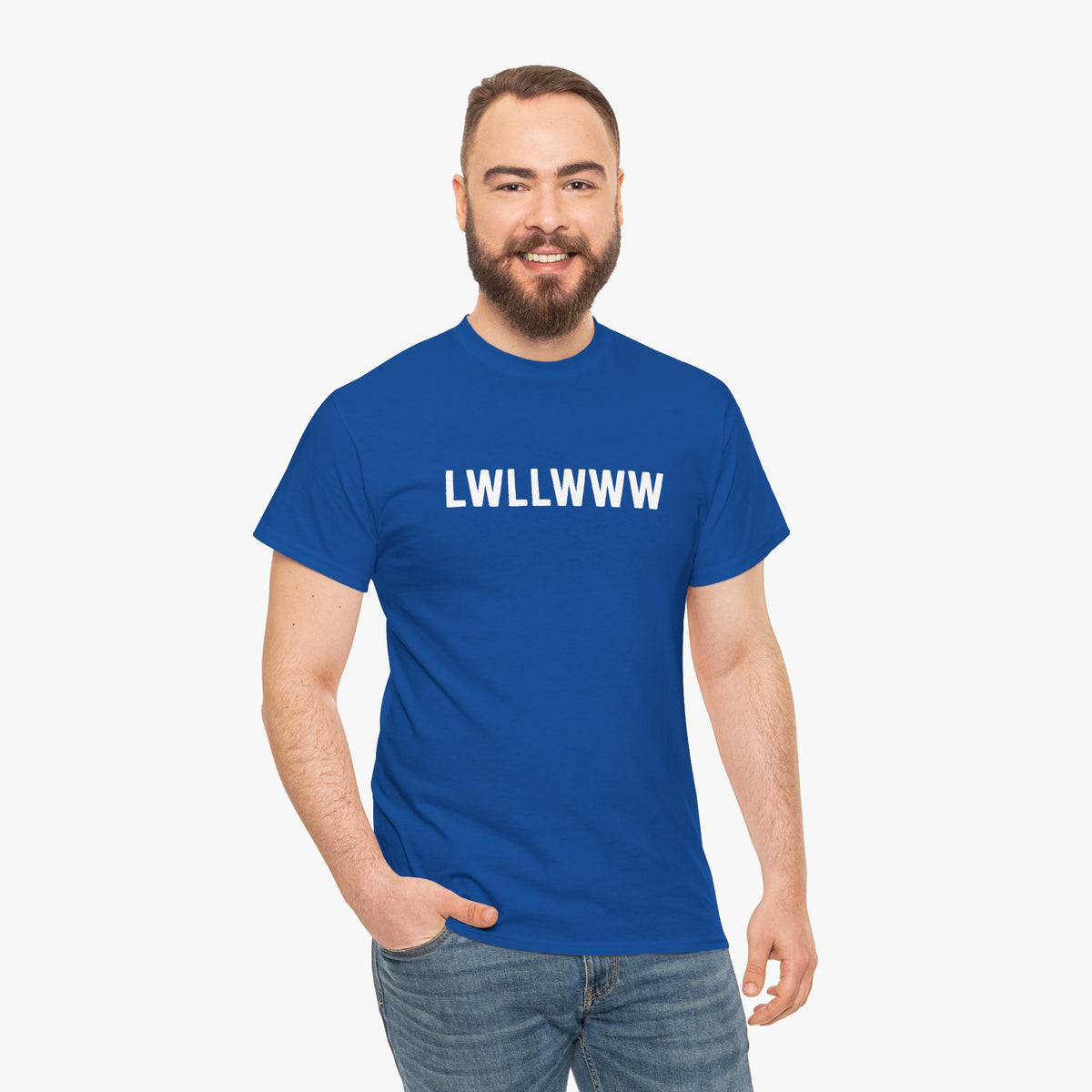 Smiling bearded man with one hand in his pocket wearing a royal blue t-shirt that reads LWLLWWW in white block letters
