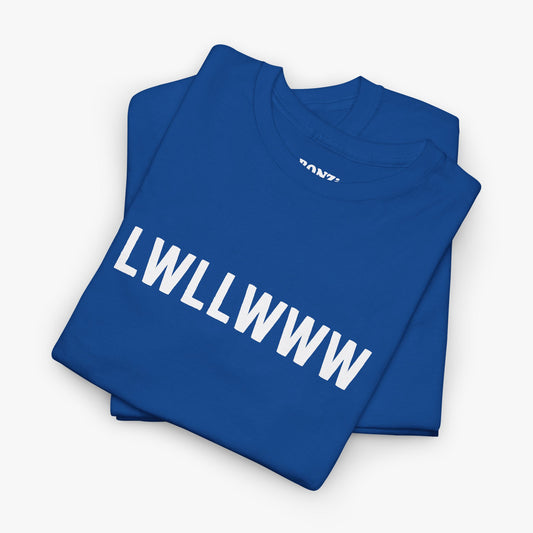 Folded royal blue t-shirt showing the LWLLWWW graphic in white block letters