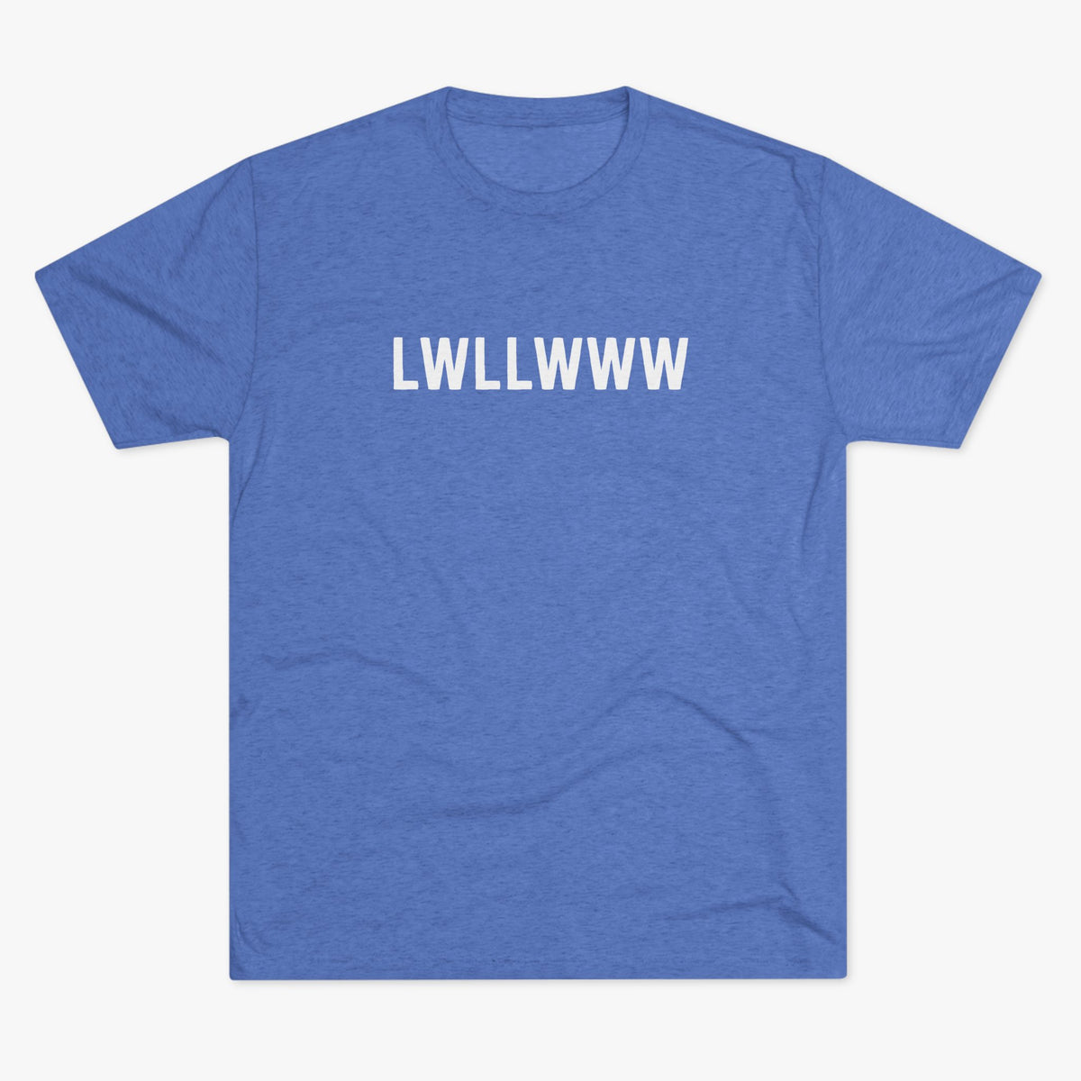 Heather royal blue tri-blend t-shirt with LWLLWWW printed across the chest in white block letters