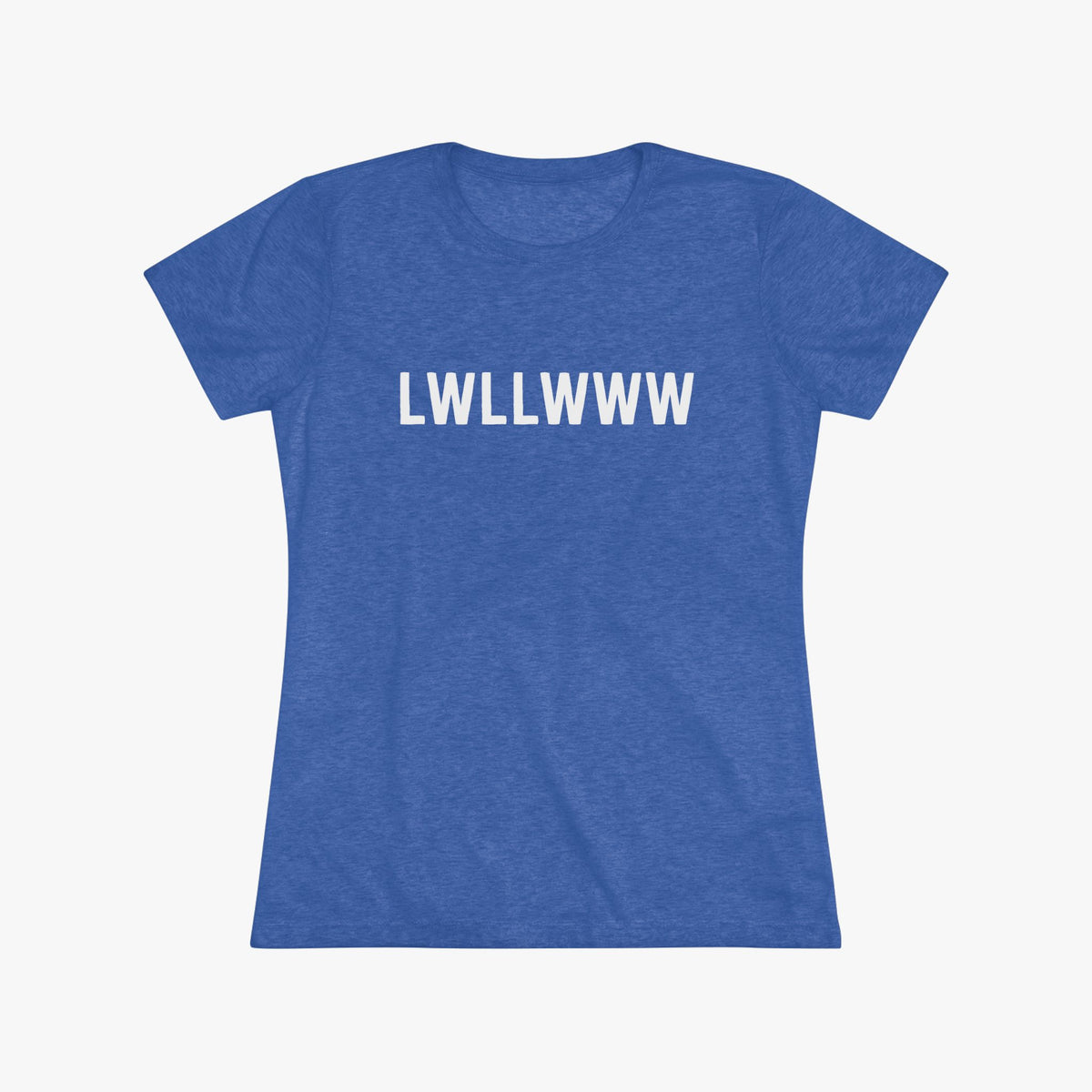 Women's heather royal blue fitted t-shirt with LWLLWWW printed across the chest in white block letters