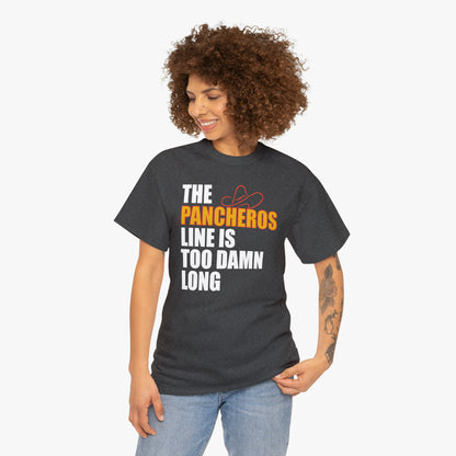 The Pancheros Line Is Too Damn Long T-Shirt (Relaxed Fit) in Dark Grey Heather on Female Model