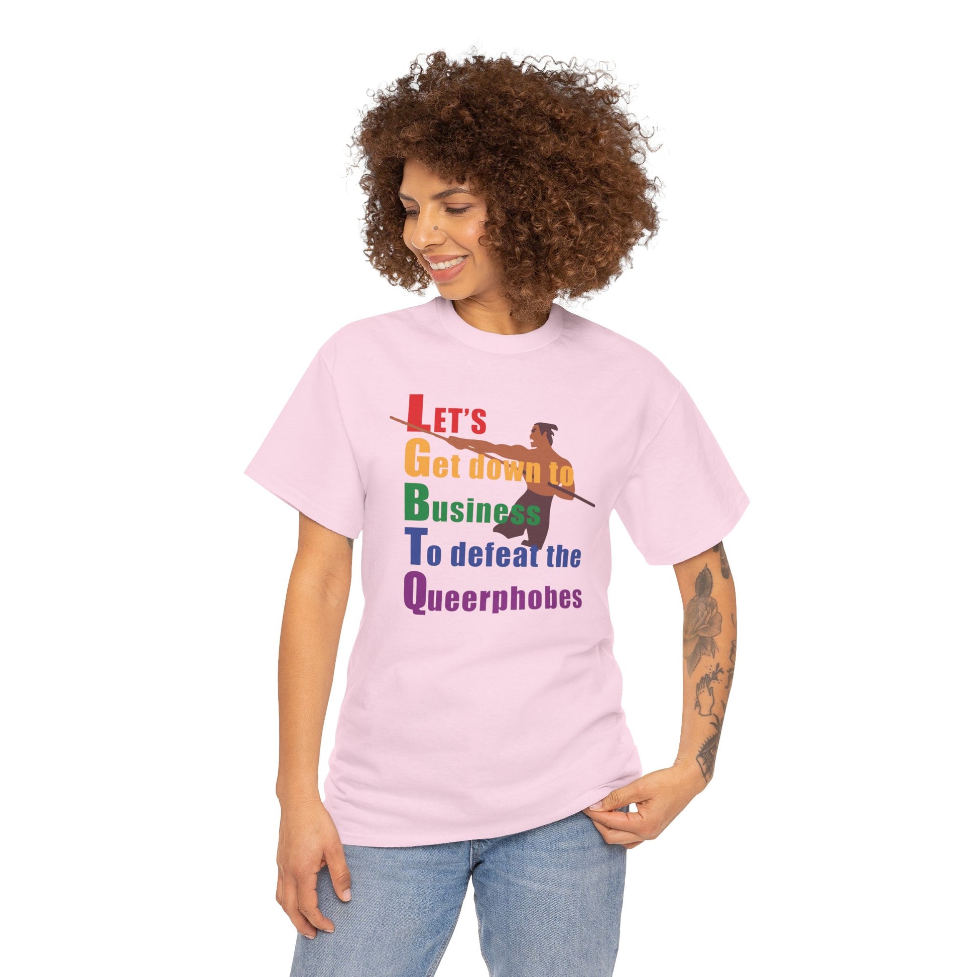 LGBTQ Let's Get Down To Business (Mulan) T-Shirt in Pink - On female model