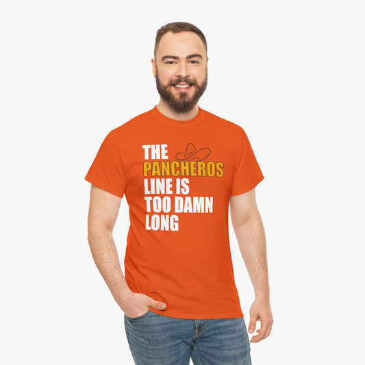 The Pancheros Line Is Too Damn Long T-Shirt (Relaxed Fit) in Orange on Male Model