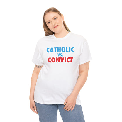 2024 Election Catholic Vs. Convict [Relaxed Fit] in White - Shirt on woman