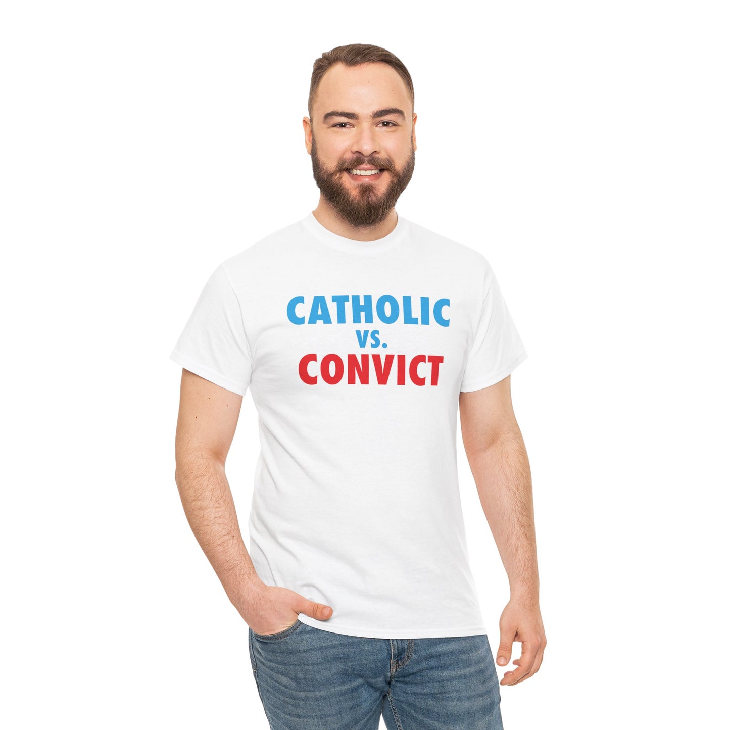 2024 Election Catholic Vs. Convict [Relaxed Fit] in White - Shirt on man