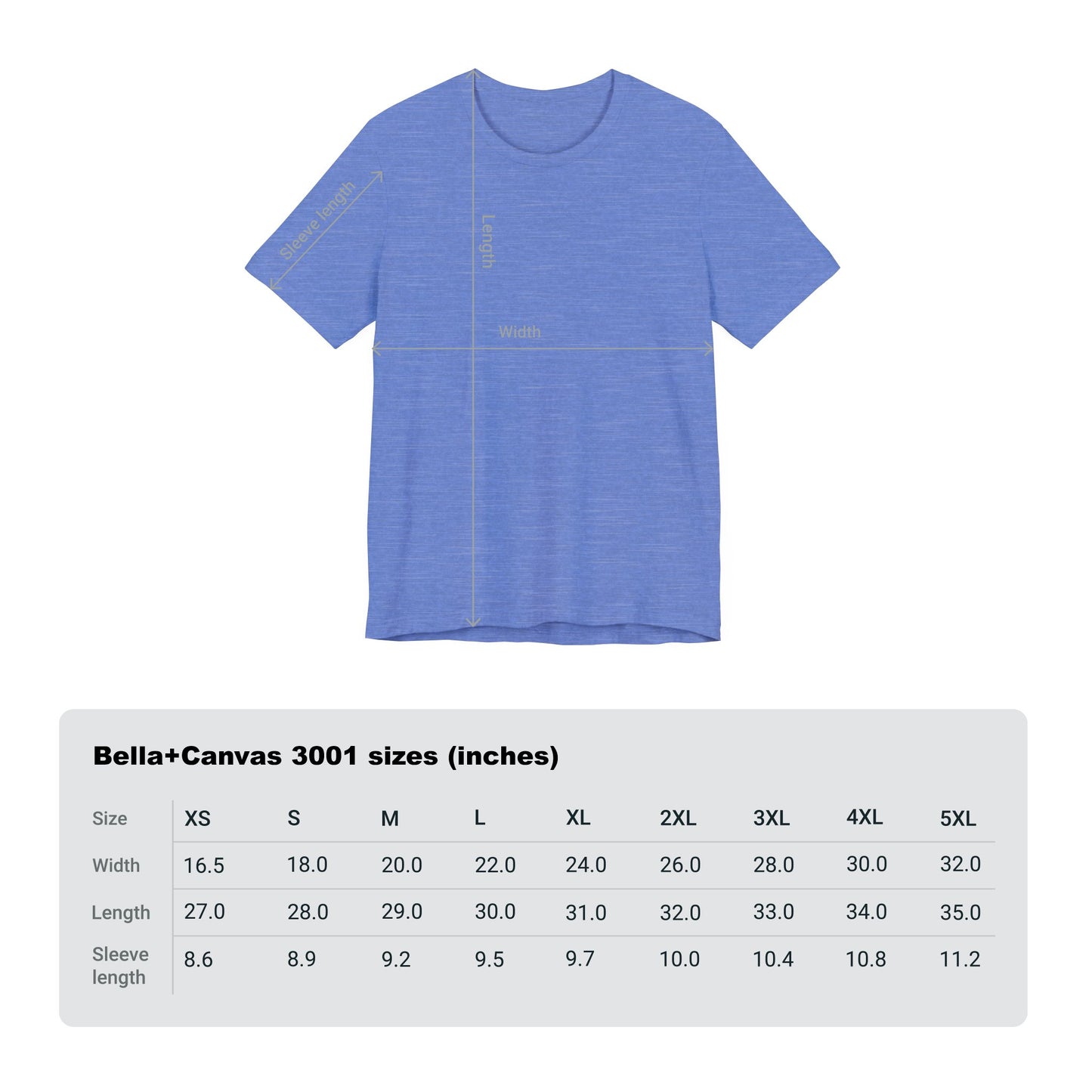 Bella+Canvas 3001 T-Shirt Size Guide