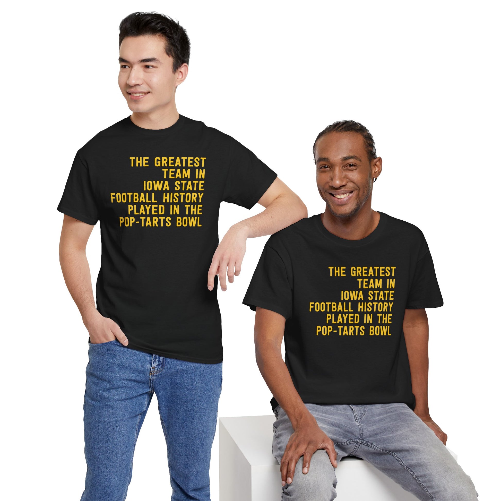 Greatest Iowa State Football Team Pop-Tarts Bowl T-Shirt in Black - On 2 male models