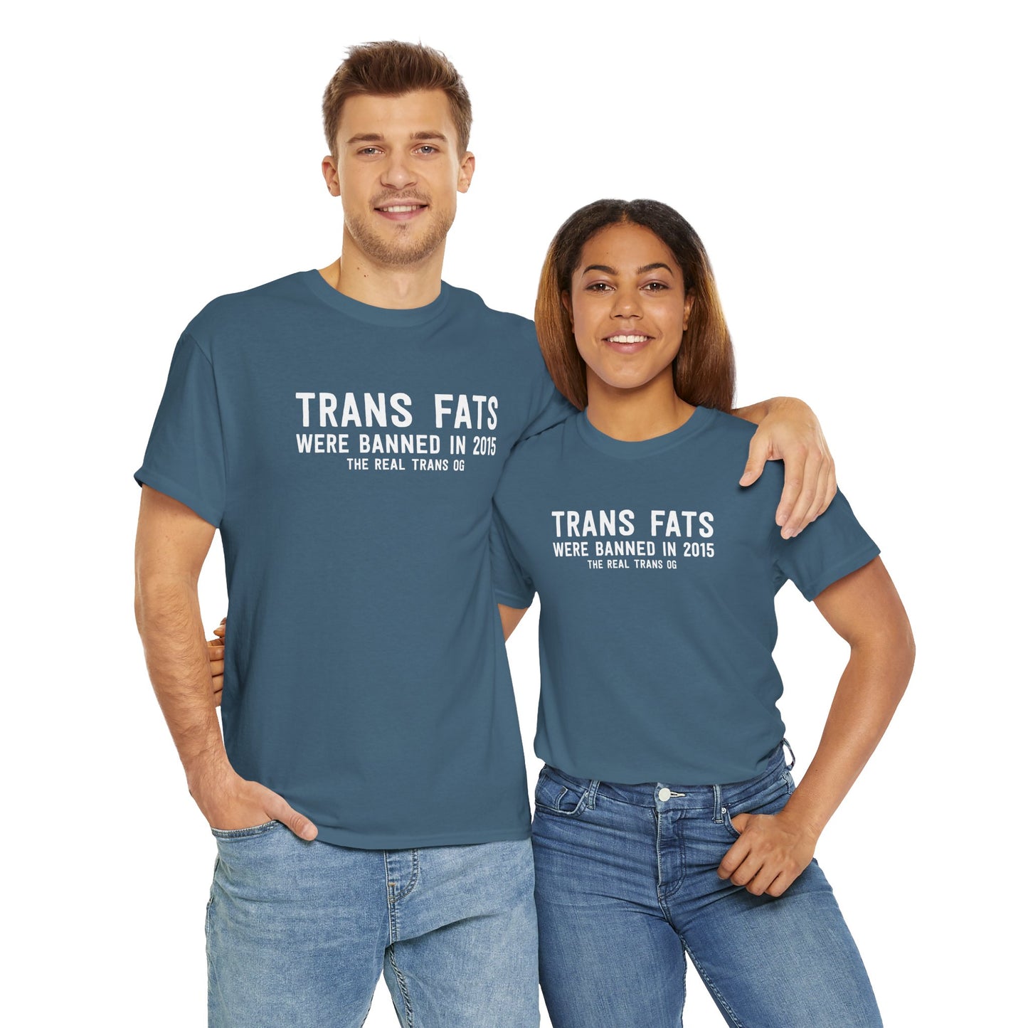 Trans Fats Are The Real Trans OG T-Shirt in Indigo Blue - On male and female model