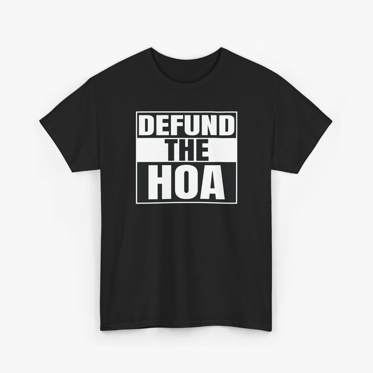 Vintage black tri-blend t-shirt with a distressed DEFUND THE HOA graphic in stacked black-and-white bars