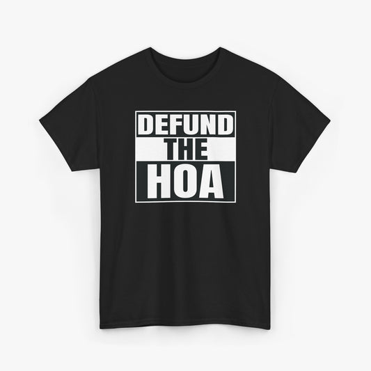 Vintage black tri-blend t-shirt with a distressed DEFUND THE HOA graphic in stacked black-and-white bars