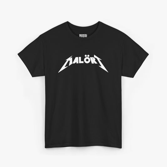 Black Malört t-shirt with white heavy metal band-style logo design, laid flat on a light gray background
