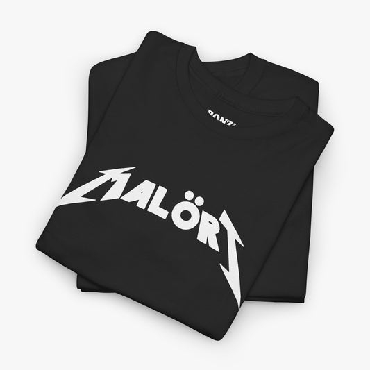 Folded black Malört t-shirt showing the white heavy metal band-style logo and BONZi Shirts neck label