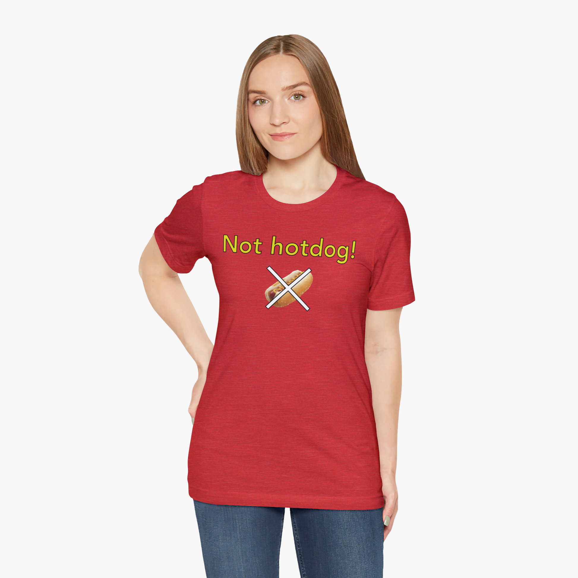 Silicon Valley Not Hotdog T-Shirt (Modern Fit) in Red - Female Model