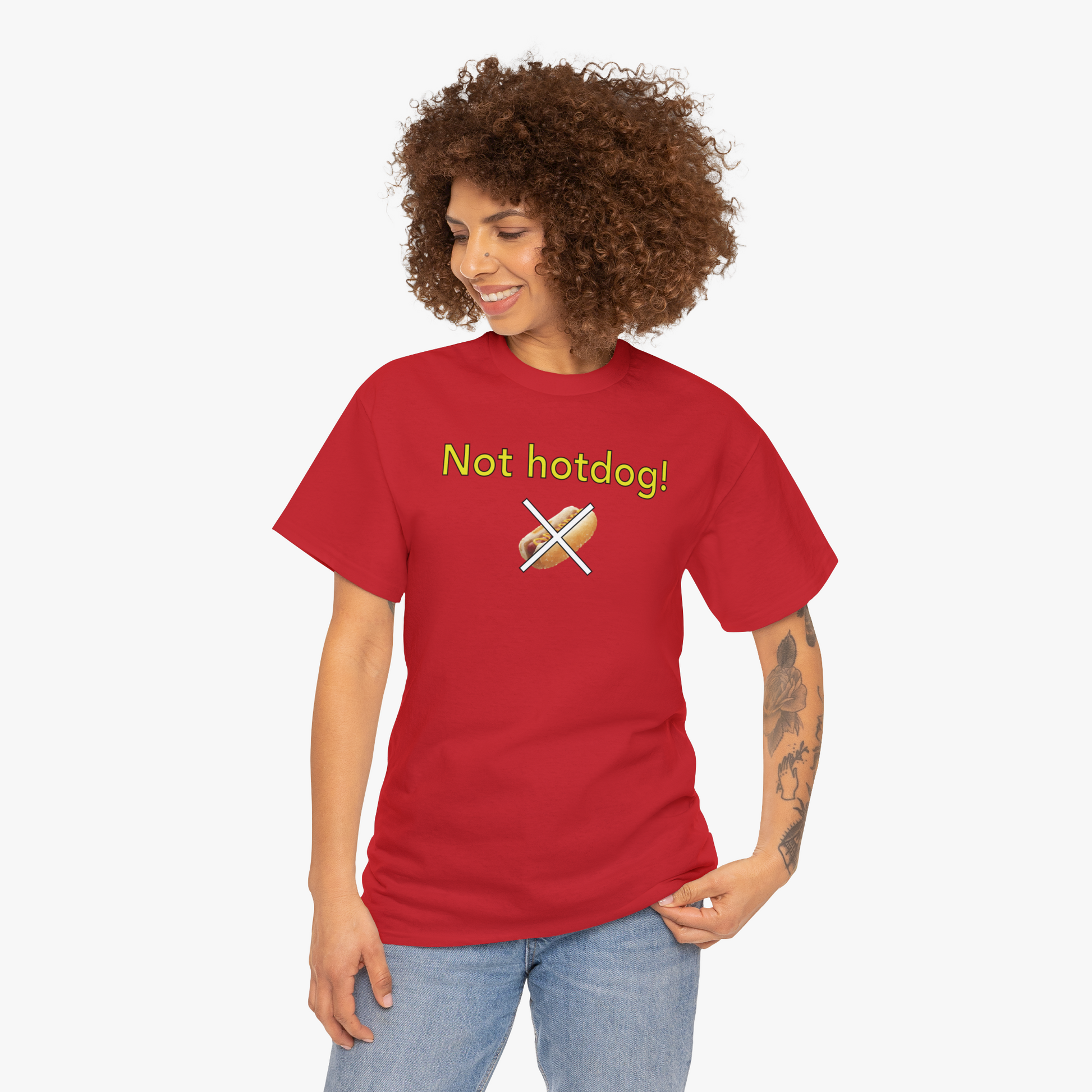 Silicon Valley Not Hotdog T-Shirt (Traditional Fit) in Red - Female Model