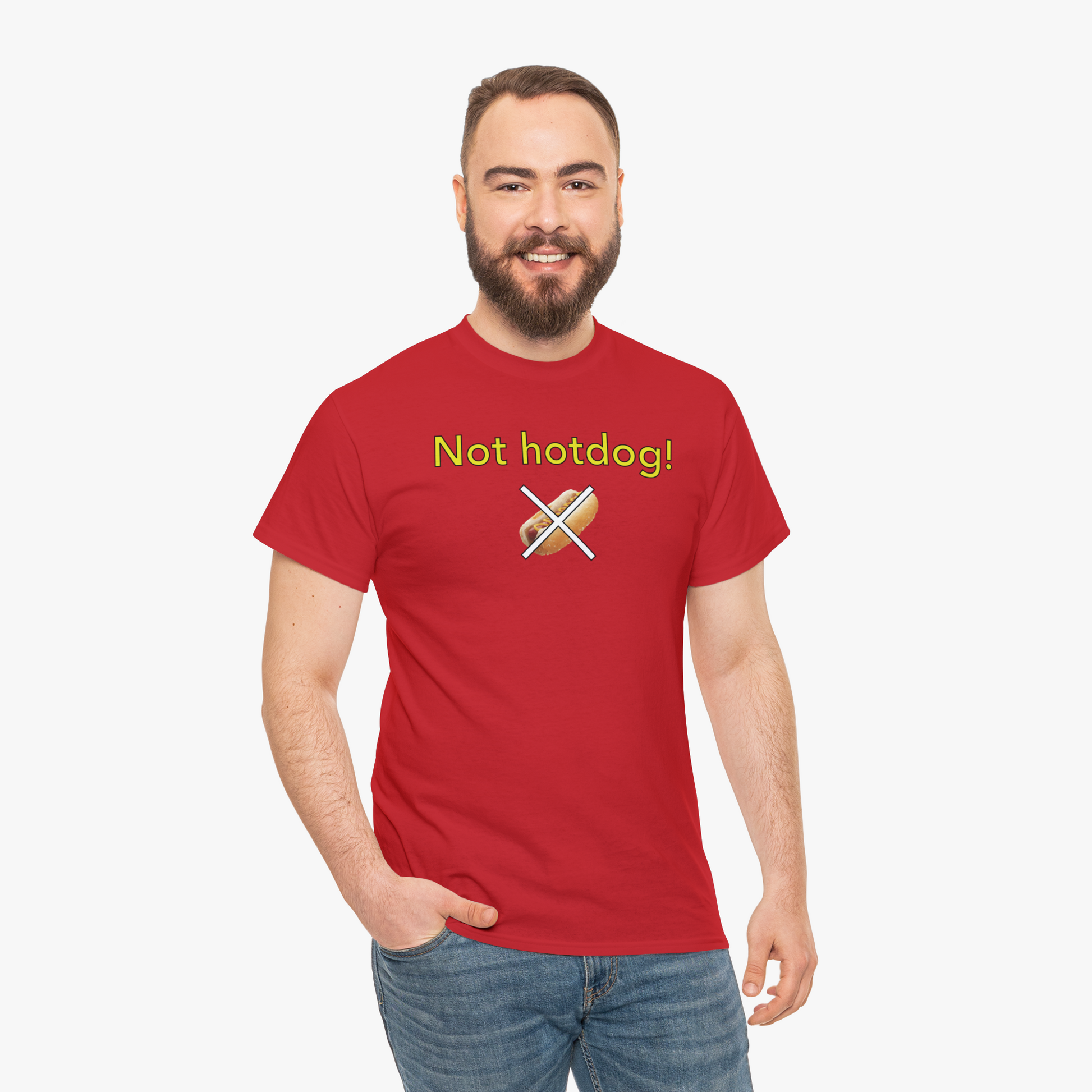 Silicon Valley Not Hotdog T-Shirt (Traditional Fit) in Red - Male Model